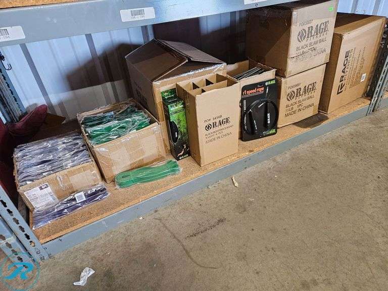 Shelf of New Fitness Equipment: Resistance Bands, Speed Ropes, 35lb Slam Balls, 12" Steel Plyo Box