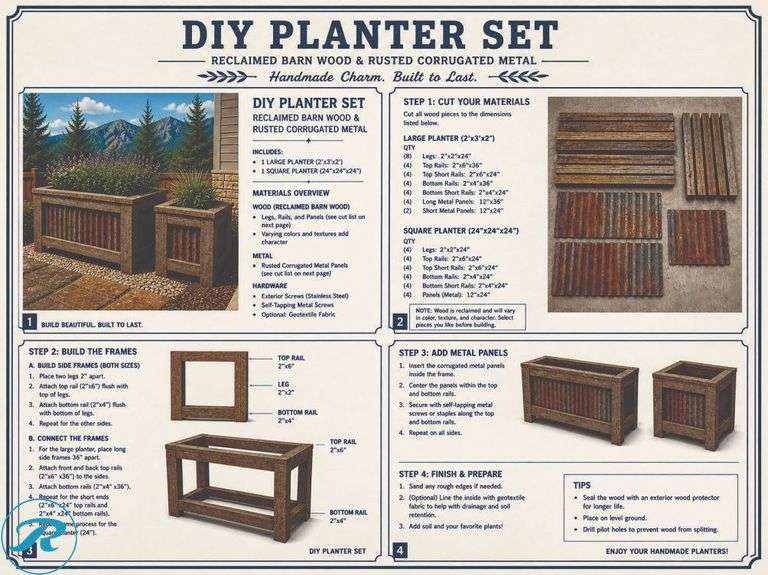 (2) Premium Planter Kits, Reclaimed Wood, 24" x 24" and 24" x 36" - Roller Auctions