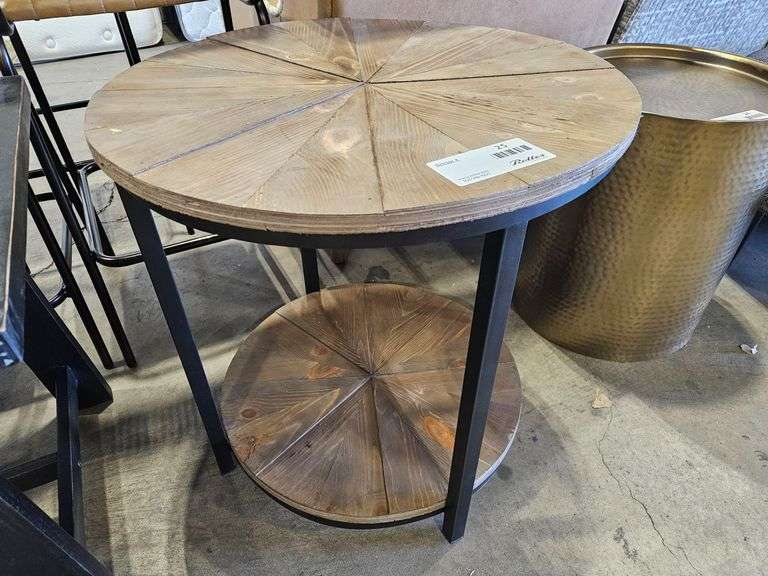 Round Wood and Metal Side Table with Lower Shelf, 24”