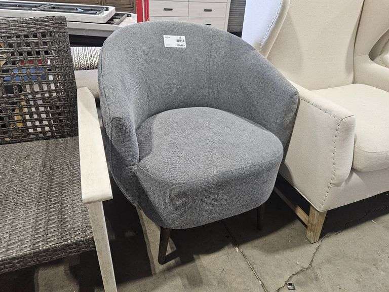 Gray Upholstered Barrel Chair with Wood Legs