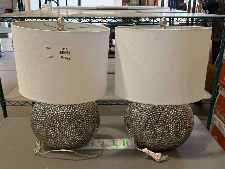 (2) Silver Textured Table Lamps With White Drum Shades