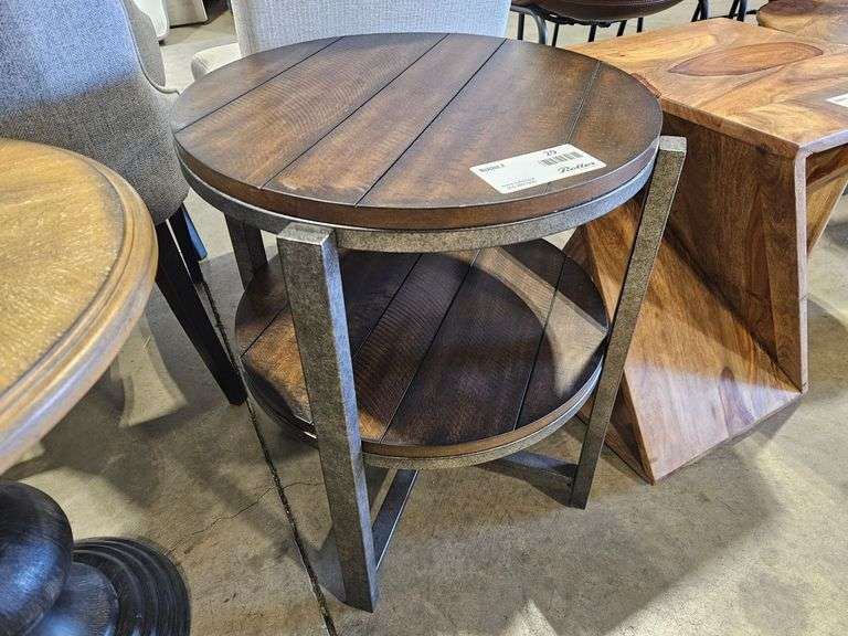 Round Wood and Metal Side Table with Lower Shelf, 28”