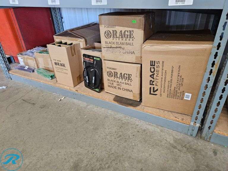 Shelf of New Fitness Equipment: Resistance Bands, Speed Ropes, 35lb Slam Balls, 12" Steel Plyo Box - Roller Auctions