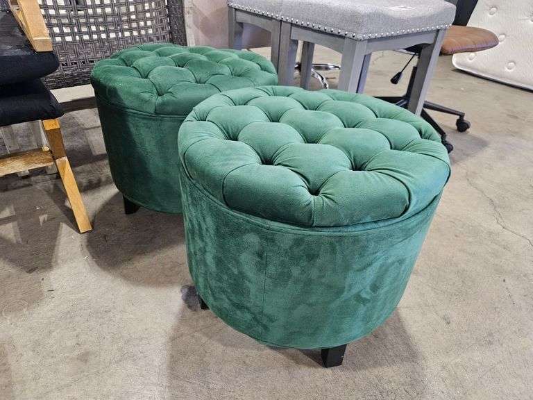 (2) Green Tufted Round Storage Ottomans