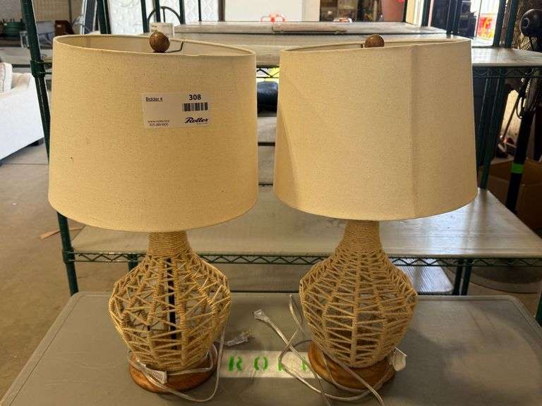 (2) Woven Rope Table Lamps With Drum Shades