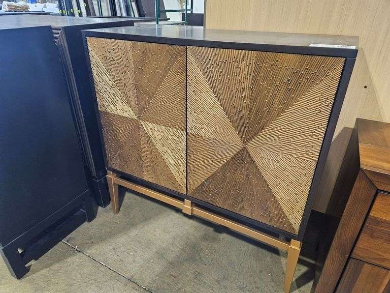 Modern Wood Cabinet With Geometric Patterned Doors And Interior Shelf, 36"x14"
