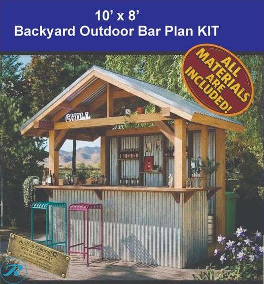 DIY KIT: ASSEMBLY REQUIRED: Rustic Outdoor Bar 10x8 – Solid Wood + Metal Look Description: 10x8 Backyard Outdoor Bar KIT – Turn your backyard into the perfect entertaining space with this beautiful 10’ x 8’ Outdoor Bar Kit.Built with a strong, ustic style combining solid wood structure and metal siding, this bar is designed to stand out and last. ✔ Perfect for BBQs, gatherings, and weekend parties ✔ Easy-to-build DIY kit ✔ Open front bar counter with plenty of serving space ✔ Durable materials