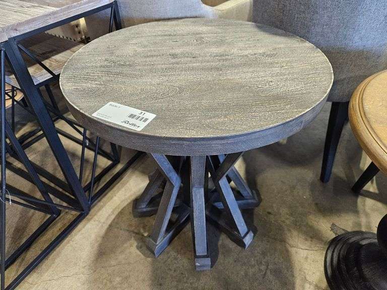 Round Wood Side Table With Geometric Base, 24”