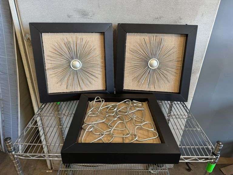 (3) Metal and Burlap Shadow Box Wall Art Pieces, 18" x 18"