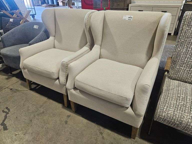 (2) Upholstered Wingback Armchairs, Beige Fabric, Wood Legs