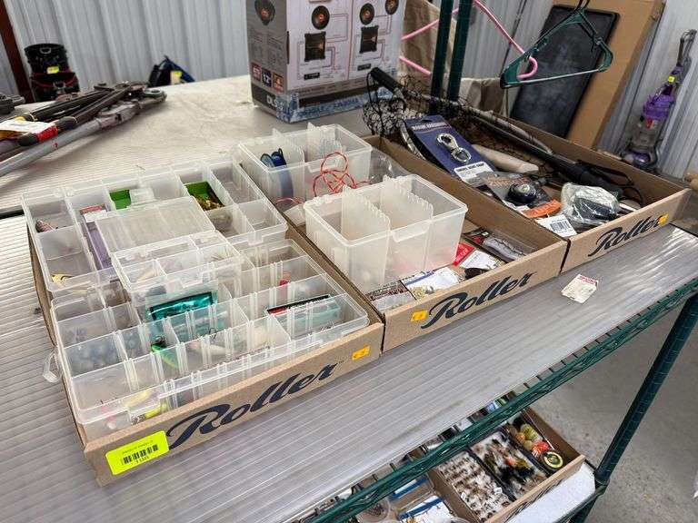 Fishing Tackle Boxes with Assorted Lures, Hooks, Weights, Accessories, and Tools