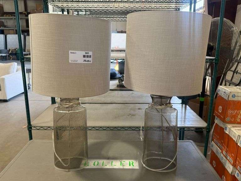 (2) Glass Table Lamps With Textured Clear Bases And Fabric Shades