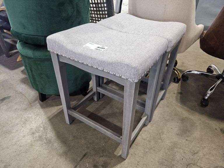 (2) Gray Upholstered Backless Bar Stools with Nailhead Trim