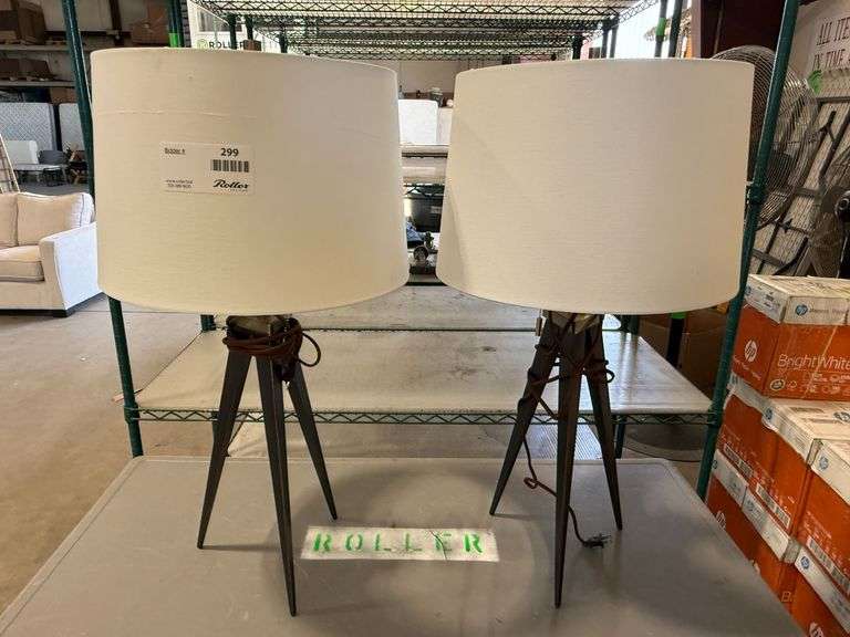 (2) Tripod Base Table Lamps With White Drum Shades