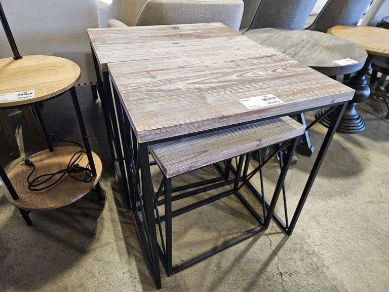 Set Of Modern Nesting Tables With Wood Tops And Black Metal Frames, 24” x 15”