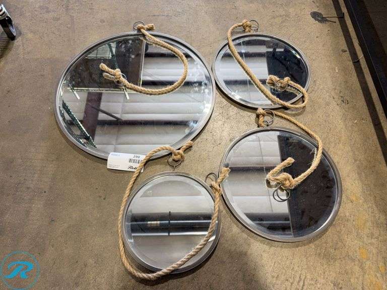 (4) Round Wall Mirrors With Metal Frames And Rope Hangers