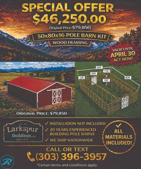 DIY KIT: ASSEMBLY REQUIRED: 50x80x16 Pole barn - Pole Barn Kit-"Larkspur Buildings Provide Professional Square Alignment And Structural Opening For Only $2900 And Professional Trusses Installation For Only $2900" - Trusses, Lumber, Siding and Roofing - Plans & instructions included. Code compliance for 35 Snow load (Can upgrade for additional cost)