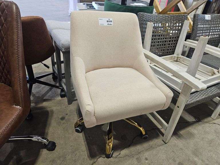 Beige Upholstered Swivel Office Chair with Gold Base