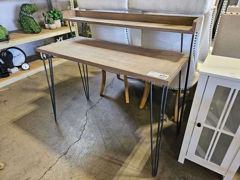 Wood and Metal Desk with Raised Shelf and Hairpin Legs, 42"x18"