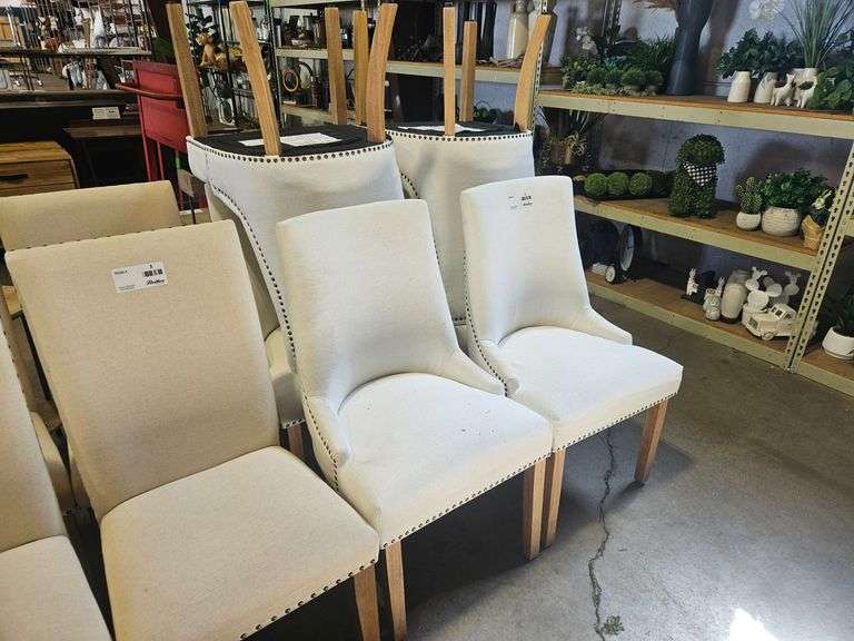 (6) Upholstered Dining Chairs, Cream Fabric, Nailhead Trim, Wood Legs
