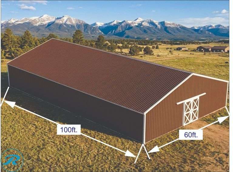 DIY KIT: ASSEMBLY REQUIRED: 60x100x16 Pole Barn KIT "Larkspur Buildings Provide Professional Square Alignment And Structural Opening For Only $2900 And Professional Trusses Installation For Only $2900" Trusses, Lumber, Siding & Roofing - Plans & Instructions Included. Code compliance for 30 Snow load (Can upgrade for additional cost) - Roller Auctions