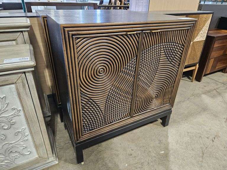 (2) Modern Wood Cabinet with Carved Patterned Doors, 33"x16"
