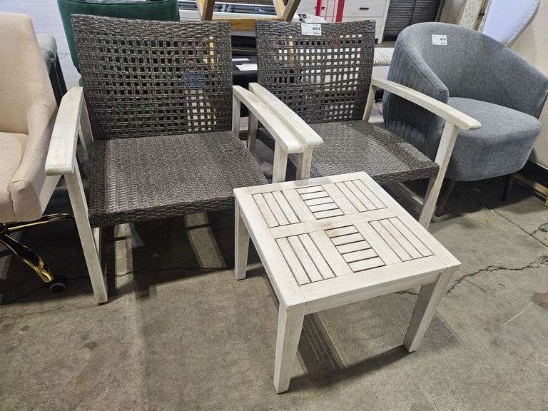 (2) Wicker Armchairs With Slatted Wood Side Table