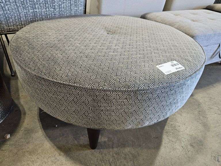 Round Upholstered Fabric Ottoman, Patterned, Tapered Wooden Legs, 40”
