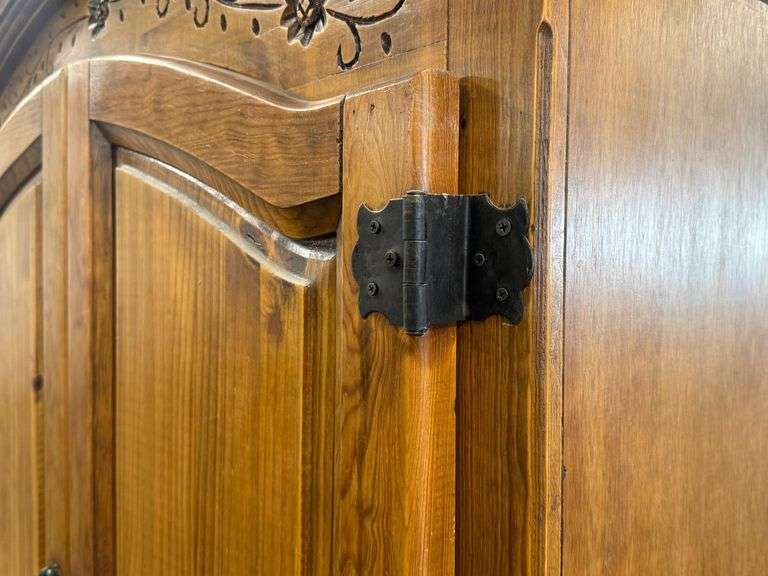 Wood Armoire With Floral Carved Accents, Two Upper And Two Lower Doors, 44” x 25” x 80”H - Roller Auctions