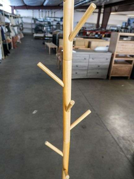 Natural Wood Freestanding Coat Rack With Multiple Hooks, 69”H - Roller Auctions
