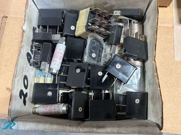 (2) Trays of Porcelain Fuse Blocks, Plug Fuses, Wire Markers, and Hardware - Roller Auctions