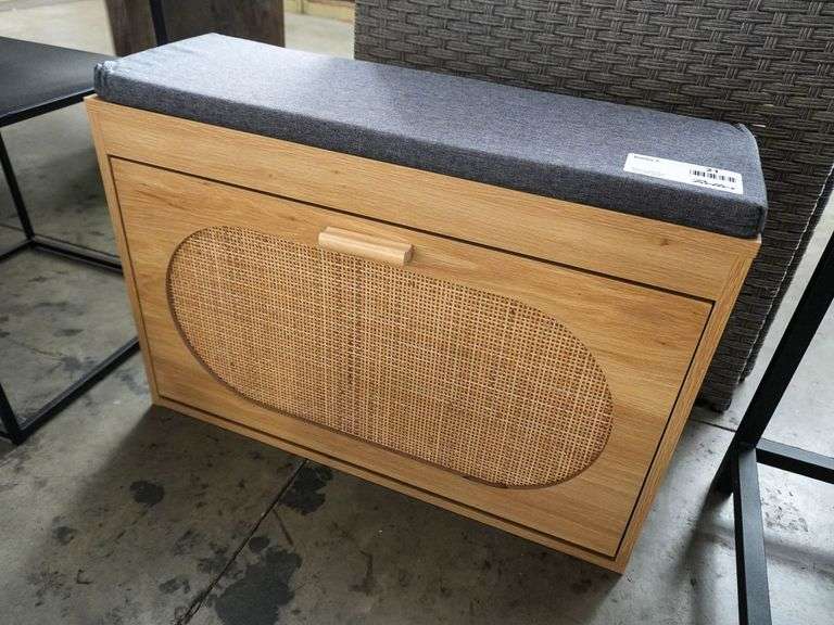 Wood and Rattan Flip-Down Shoe Storage Bench with Gray Cushion, 29” x 9.5”