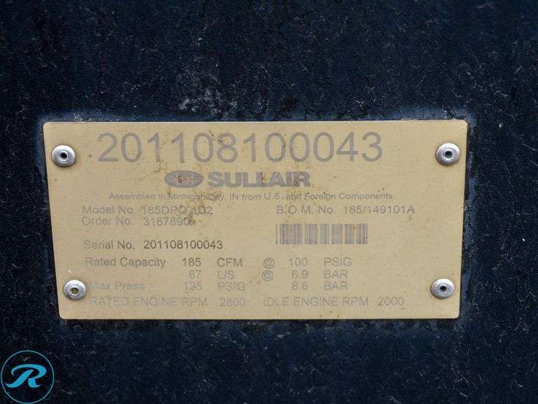 2011  Sullair  Towable Air Compressor - Roller Auctions