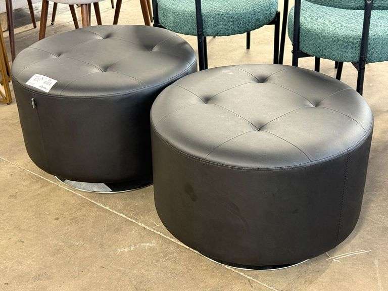 (2) Faux Leather Tufted Round Ottomans, 25in Diameter