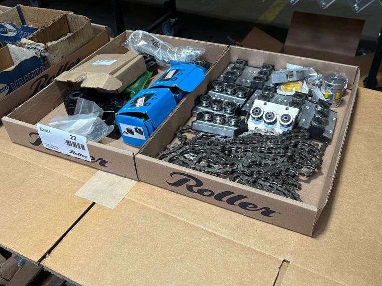 (2) Trays of Assorted Rail Blocks, Bearing Blocks, Couplings, and Chains