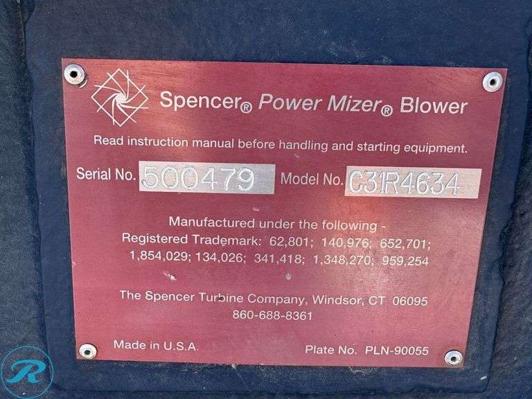 Spencer C31R4634 Power Mizer Electric Blower, Baldor Super-E 75 HP Motor, 3-Phase, 480 Volt, 80 Amp, 8" Intake S/N: 500479 - Roller Auctions