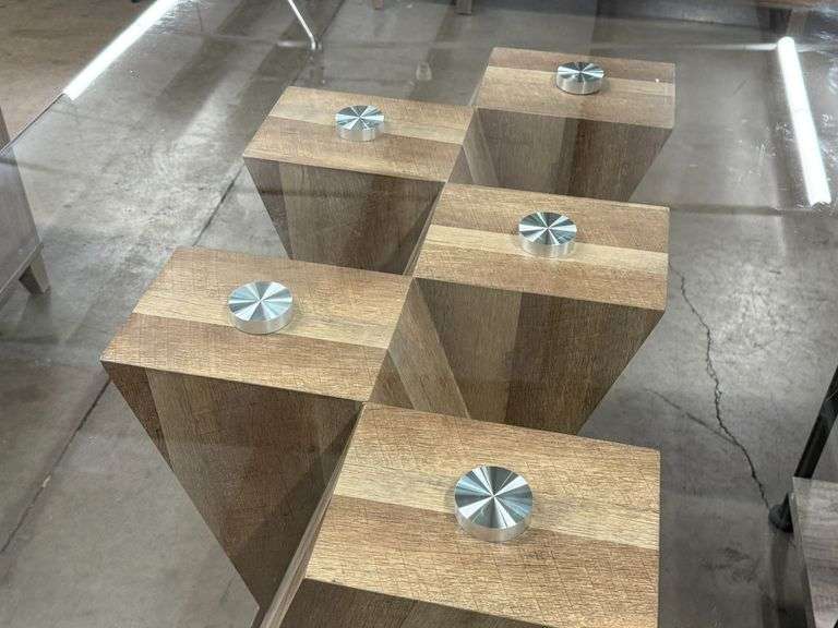 Glass Top Dining Table With Solid Wood Geometric Base, 71" x 39" - Roller Auctions