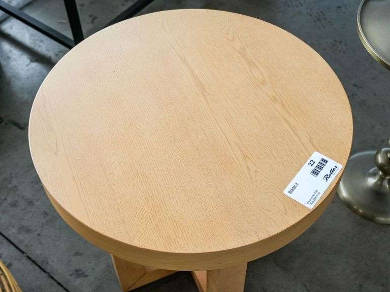 Light Wood Round Side Table With Geometric Base, 22” - Roller Auctions