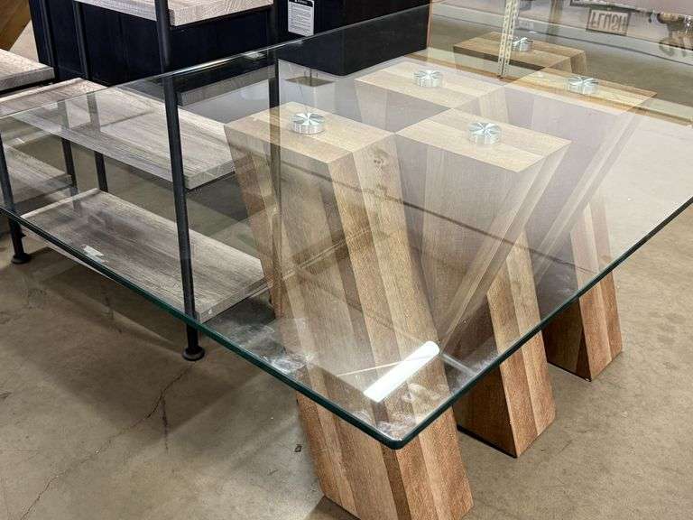 Glass Top Dining Table With Solid Wood Geometric Base, 71" x 39" - Roller Auctions