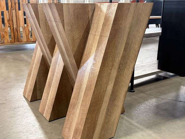 Glass Top Dining Table With Solid Wood Geometric Base, 71" x 39" - Roller Auctions