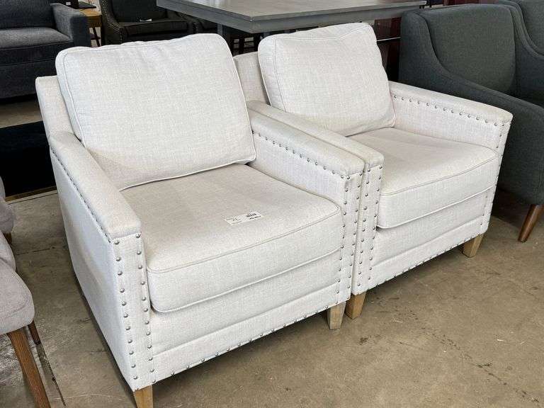 (2) Upholstered Armchairs, Nail-head Trim, Wood Legs