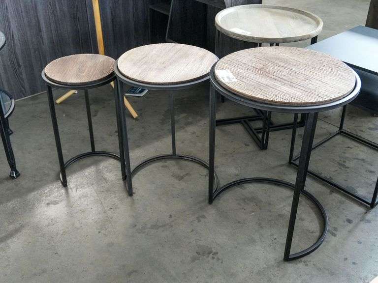 (3) Nesting Tables, Round Wood Tops, Metal Frames, 20”, 17”, 13” - Roller Auctions
