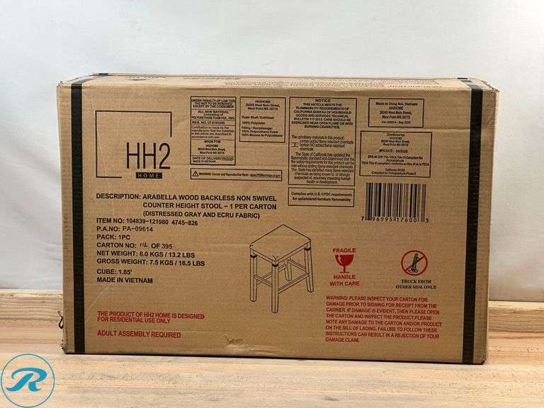 HH2 Home: Arabella Wood Backless Non Swivel Distressed Counter Stool, Grey- New - Roller Auctions