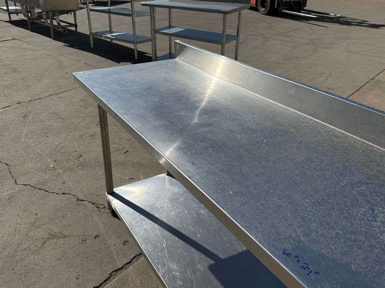 Stainless Steel Work Table With Backsplash, Undershelf, 60" x 24" - Roller Auctions