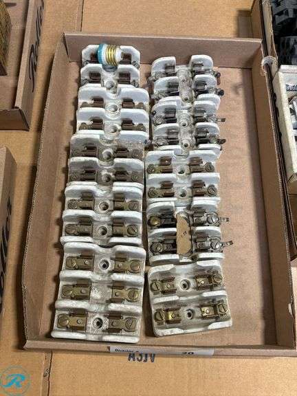 (2) Trays of Porcelain Fuse Blocks, Plug Fuses, Wire Markers, and Hardware - Roller Auctions