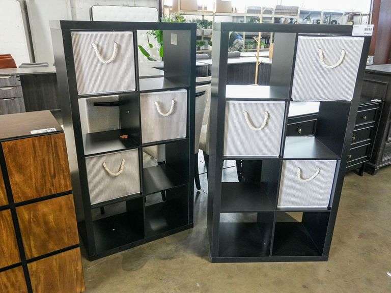 (2) Black 8-Cube Storage Shelves With Gray Fabric Bins, 30” x 15” x 57”H