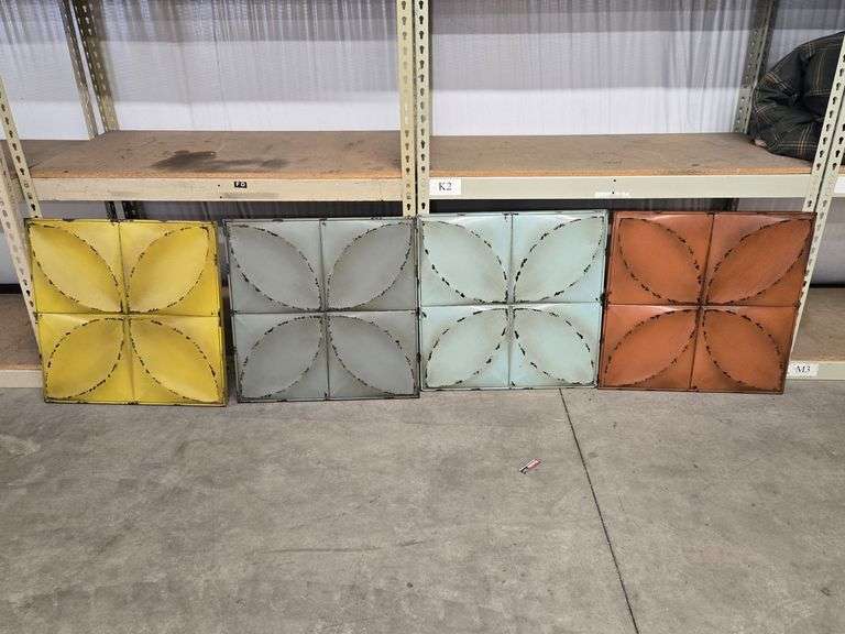 (4) Decorative Metal Wall Panels, Multi-Color, Geometric Petal Design, 24" x 24"