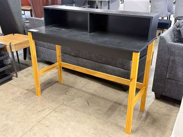 Black and Wood Desk with Upper Shelf, 47.25" x 17.5"