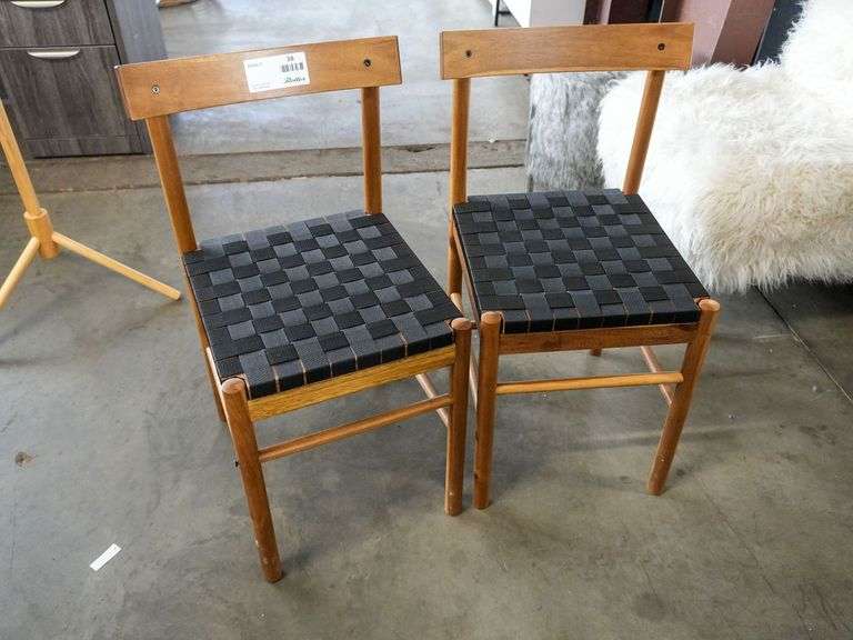 (2) Wooden Side Chairs With Black Woven Strap Seats