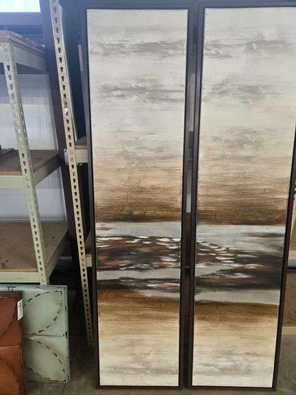 (2) Framed Abstract Canvas Art Panels, Neutral Tones, 80" x 20" - Roller Auctions